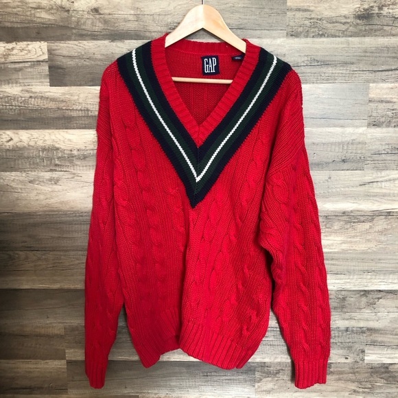 GAP Vintage Preppy Oversize Red Cotton V-Neck Men's Sweater Small Medium - Picture 2 of 8